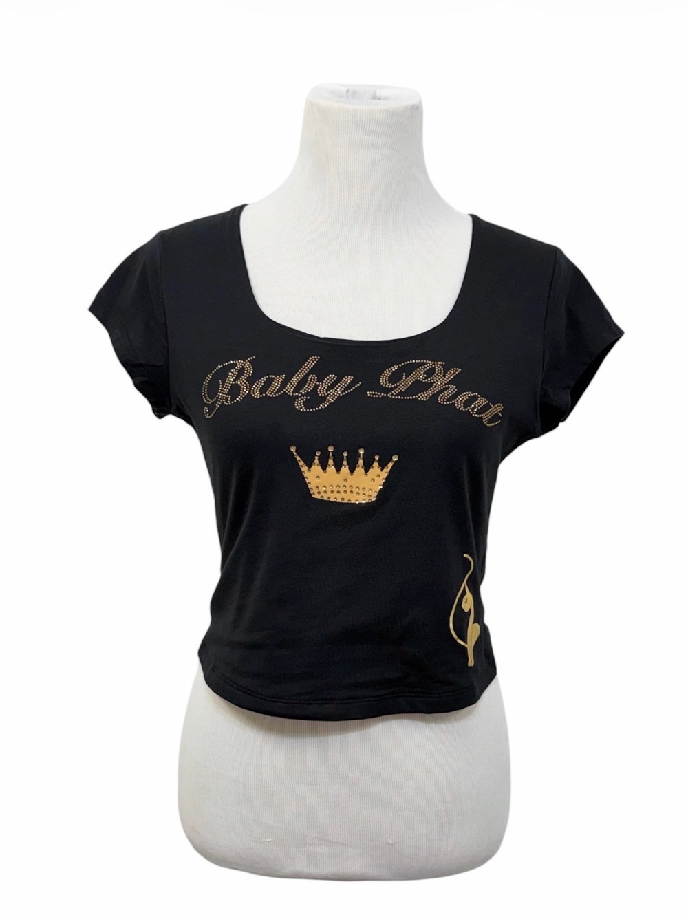 Baby Phat Black Rhinestone Logo Crop Top Y2K Size Large